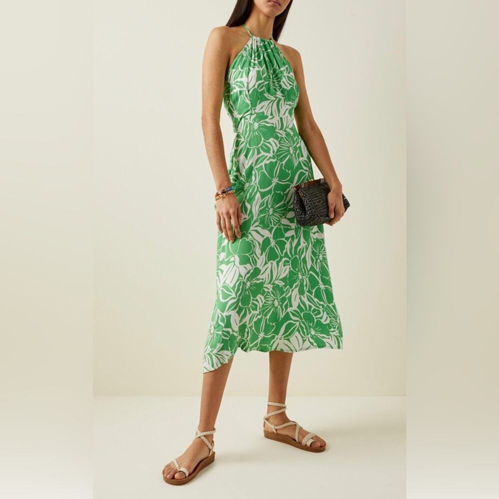 Faithfull The Brand Taormina Green Floral Crepe Halter Neck Midi Dress Size 8